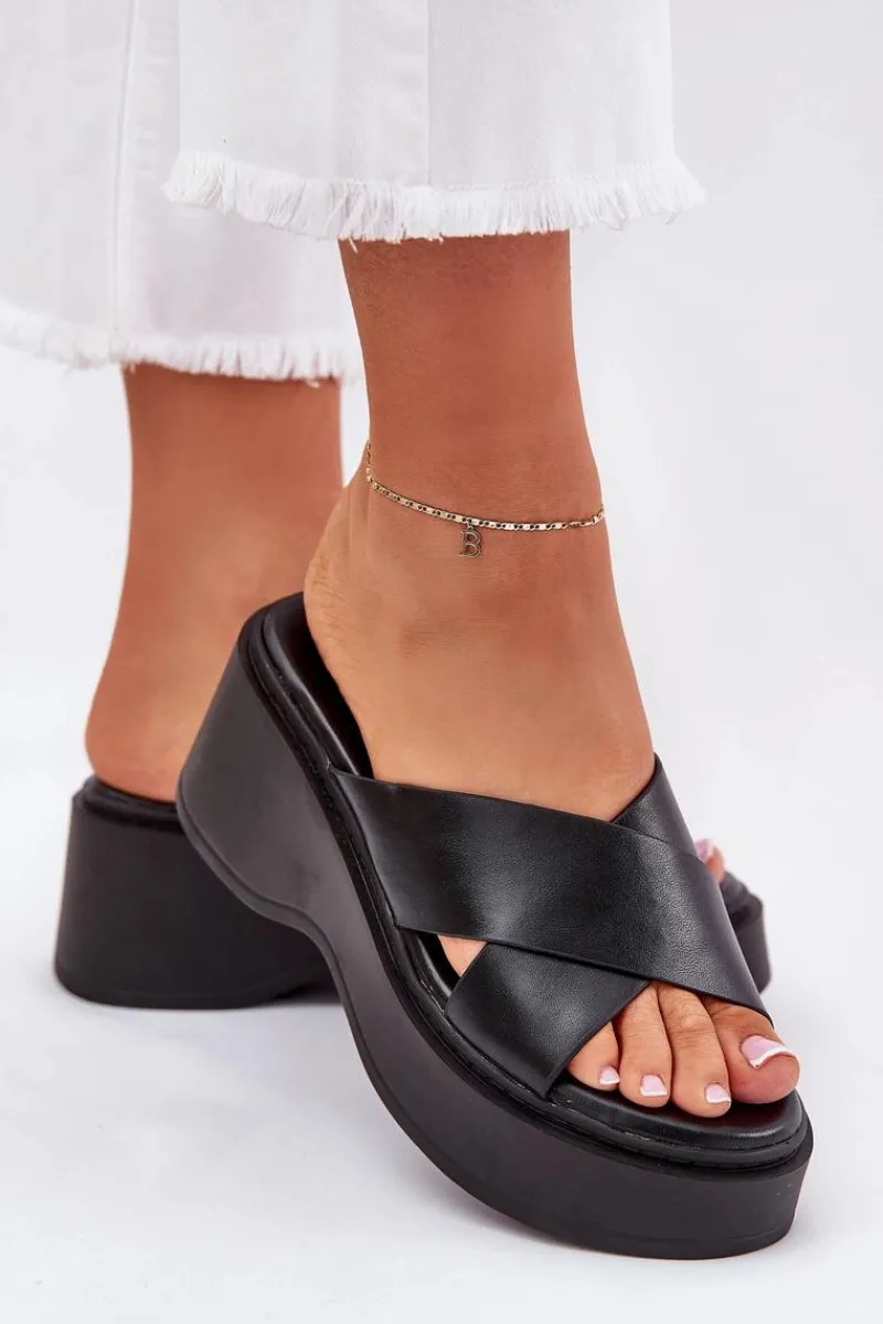 Discount Klapki Damskie Na Platformie I Koturnie Czarne Nelithraea Damskie Klapki Na Koturnie|Klapki Na Platformie