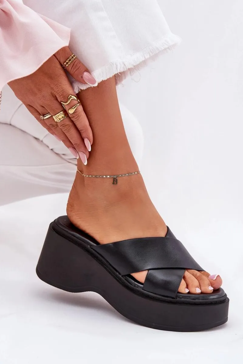 Discount Klapki Damskie Na Platformie I Koturnie Czarne Nelithraea Damskie Klapki Na Koturnie|Klapki Na Platformie
