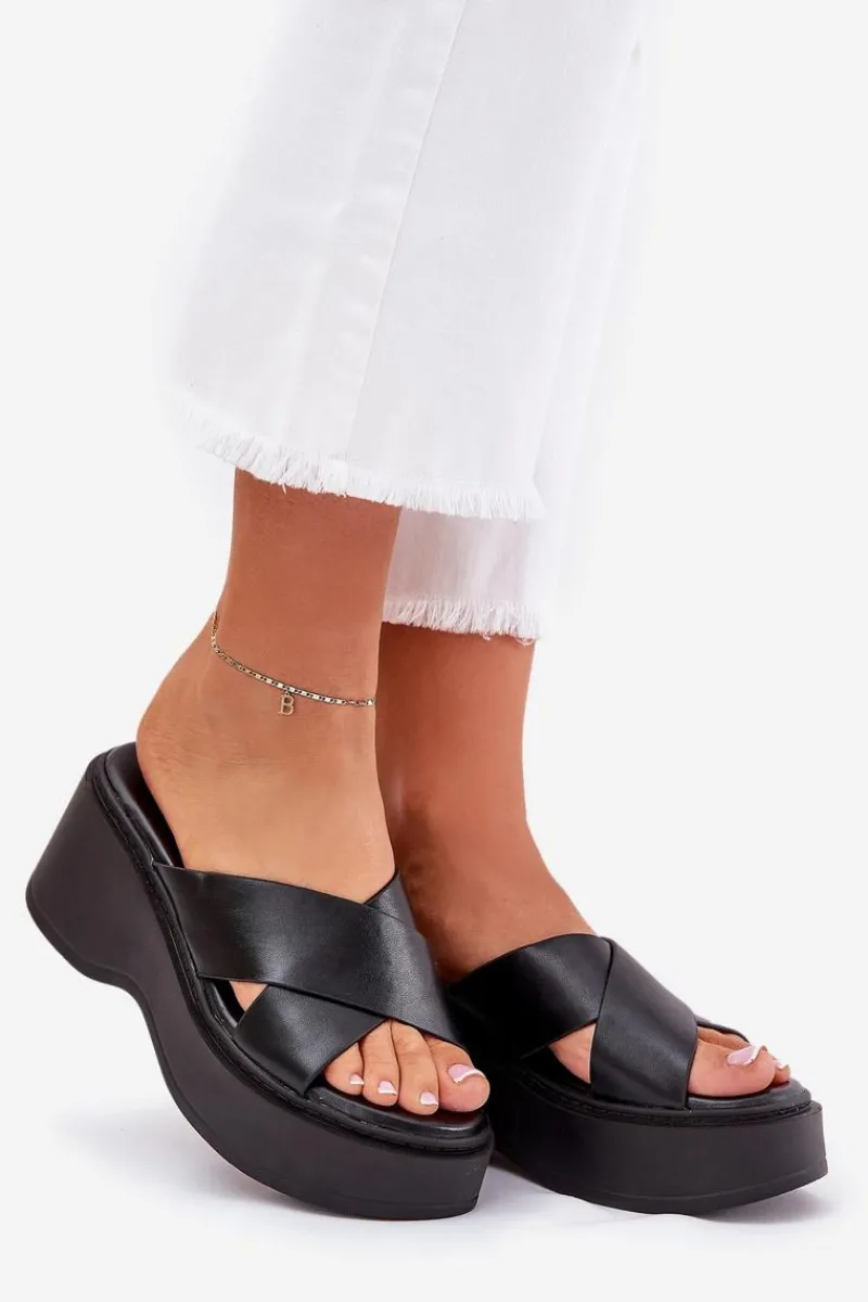 Discount Klapki Damskie Na Platformie I Koturnie Czarne Nelithraea Damskie Klapki Na Koturnie|Klapki Na Platformie