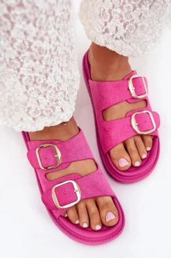 Sale Boto Klapki Damskie Na Platformie Ze Złotymi Klamrami Fuksja Verena