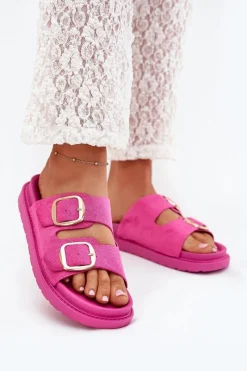 Sale Boto Klapki Damskie Na Platformie Ze Złotymi Klamrami Fuksja Verena