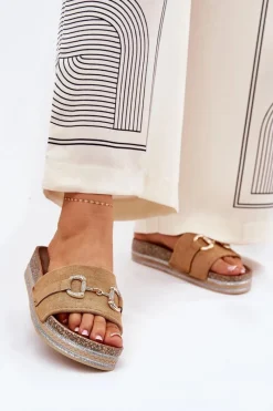 Clearance Klapki Damskie Na Platformie Ze Złotą Ozdobą I Brokatem Camel Morisela Damskie Klapki Korkowe|Klapki Na Platformie