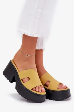 New Boto Klapki Damskie Na Platformie I Masywnym Obcasie Żółte Rizana Żółty