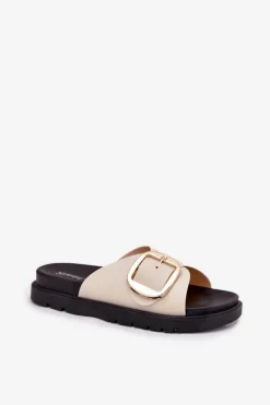 Clearance Boto Klapki Damskie Na Platformie Ze Złotą Klamrą Beżowe Jovira Beżowy