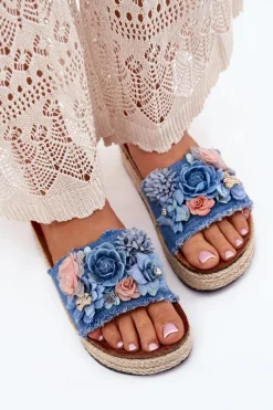 Online Klapki Damskie Na Platformie Z Plecionką I Kwiatkami Niebieskie Chellia Damskie Klapki Na Platformie|Klapki Damskie Klasyczne