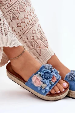 Online Klapki Damskie Na Platformie Z Plecionką I Kwiatkami Niebieskie Chellia Damskie Klapki Na Platformie|Klapki Damskie Klasyczne