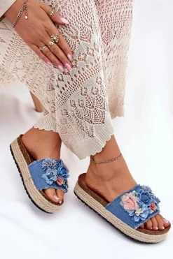 Online Klapki Damskie Na Platformie Z Plecionką I Kwiatkami Niebieskie Chellia Damskie Klapki Na Platformie|Klapki Damskie Klasyczne