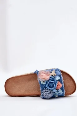 Online Klapki Damskie Na Platformie Z Plecionką I Kwiatkami Niebieskie Chellia Damskie Klapki Na Platformie|Klapki Damskie Klasyczne