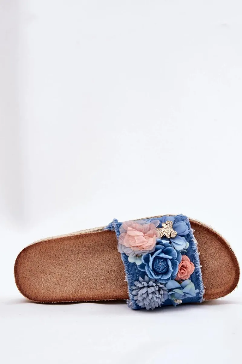 Online Klapki Damskie Na Platformie Z Plecionką I Kwiatkami Niebieskie Chellia Damskie Klapki Na Platformie|Klapki Damskie Klasyczne