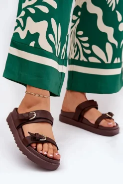 Boto Klapki Damskie Na Platformie Ze Złotymi Klamrami Brązowe Wernone