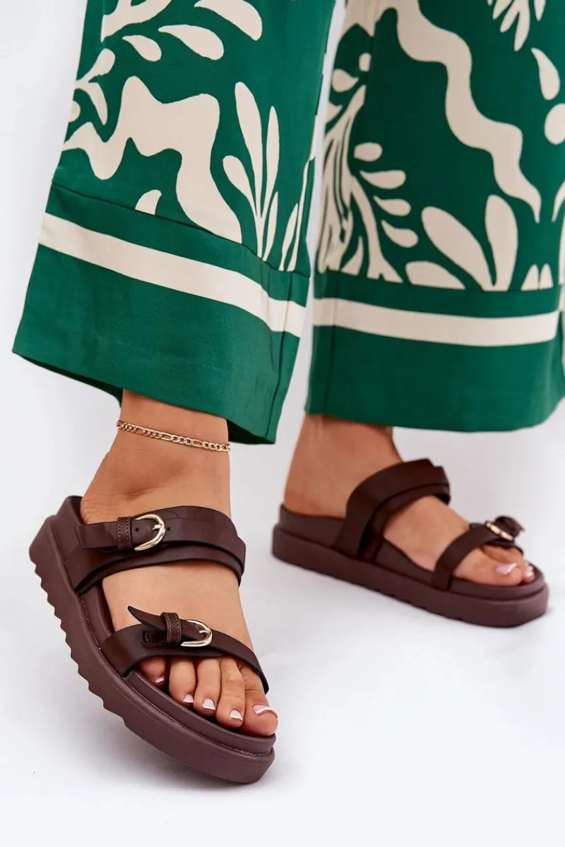 Boto Klapki Damskie Na Platformie Ze Złotymi Klamrami Brązowe Wernone