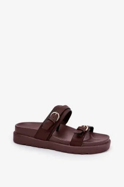 Boto Klapki Damskie Na Platformie Ze Złotymi Klamrami Brązowe Wernone