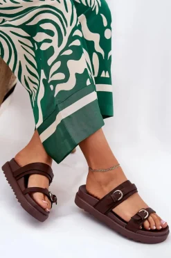 Boto Klapki Damskie Na Platformie Ze Złotymi Klamrami Brązowe Wernone