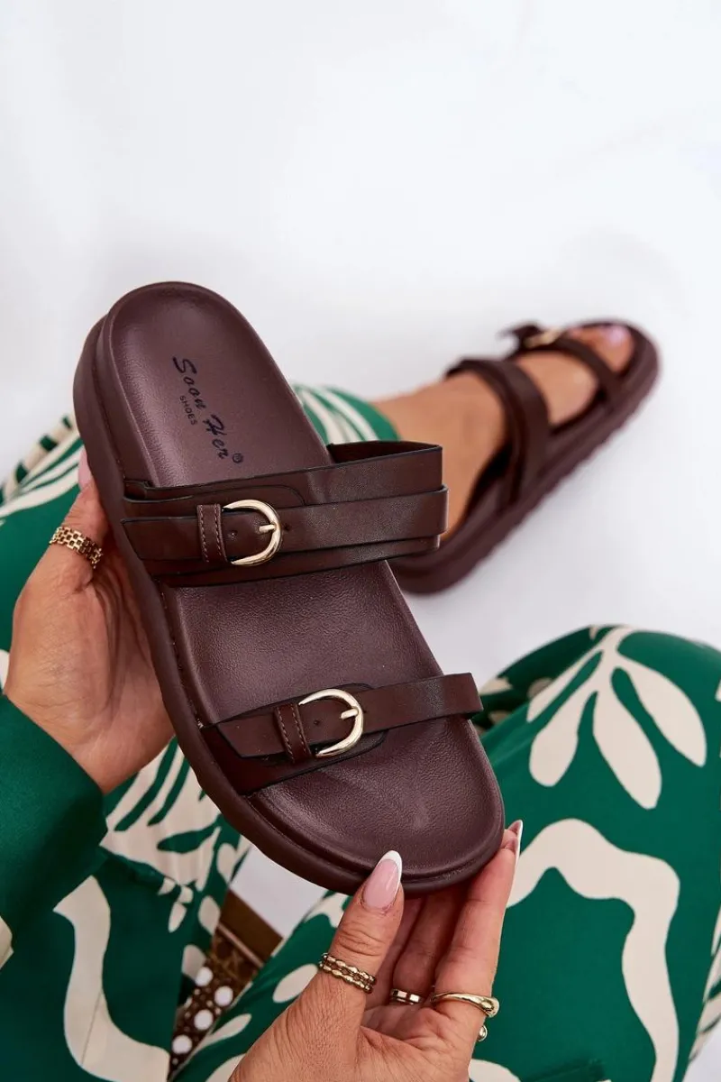 Boto Klapki Damskie Na Platformie Ze Złotymi Klamrami Brązowe Wernone