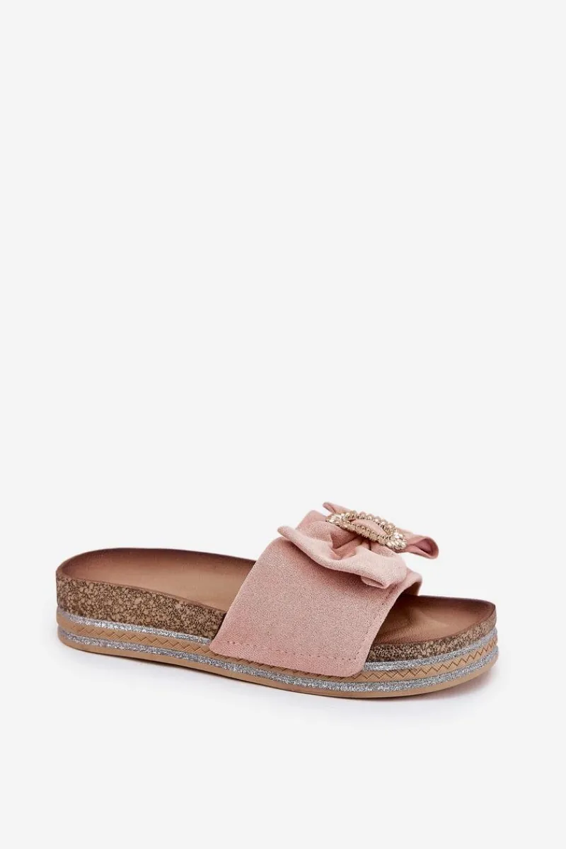 Clearance Klapki Damskie Na Platformie Z Kokardką I Ozdobną Broszką Różowe Lenela Damskie Klapki Korkowe|Klapki Na Platformie