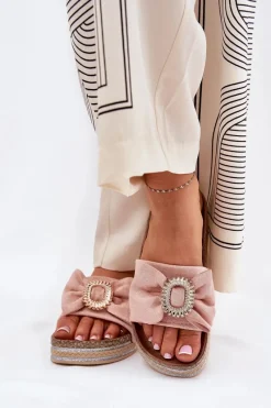 Clearance Klapki Damskie Na Platformie Z Kokardką I Ozdobną Broszką Różowe Lenela Damskie Klapki Korkowe|Klapki Na Platformie