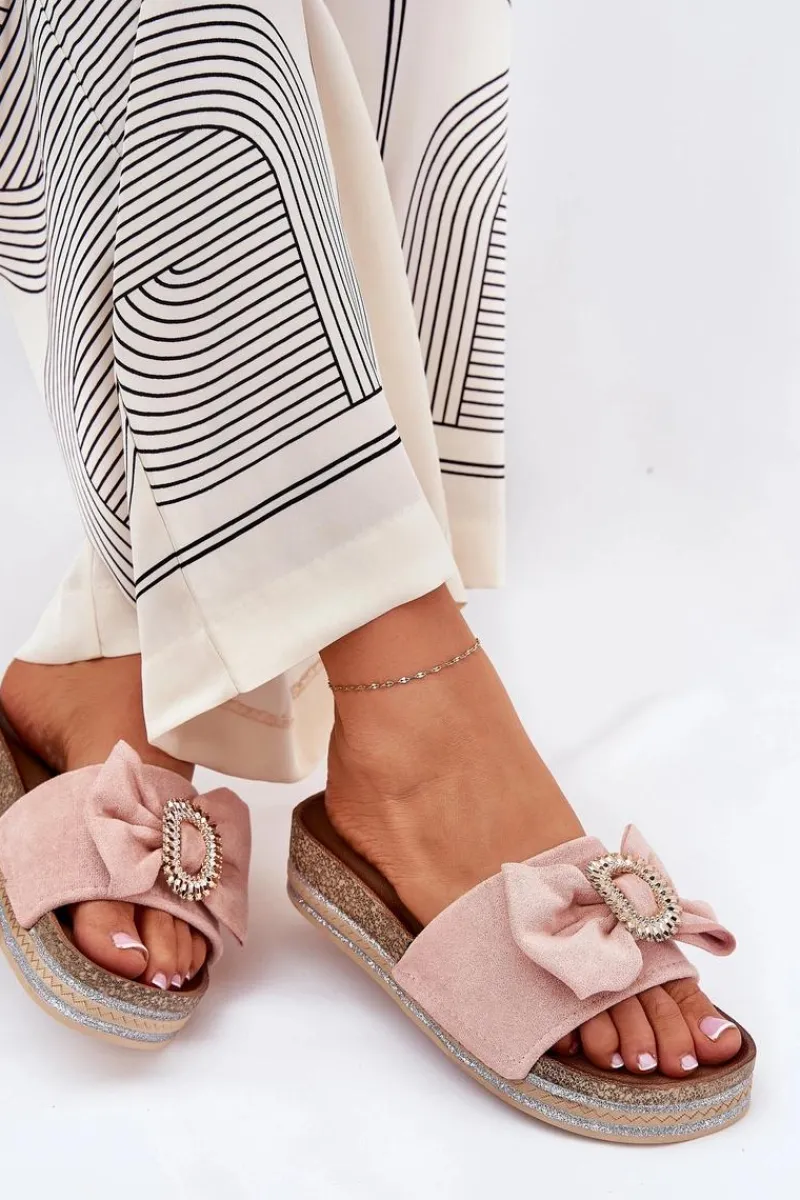 Clearance Klapki Damskie Na Platformie Z Kokardką I Ozdobną Broszką Różowe Lenela Damskie Klapki Korkowe|Klapki Na Platformie