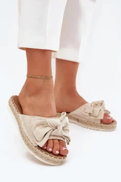 Discount Boto Klapki Damskie Na Platformie Z Plecionką I Kokardką Beżowe Alpireda Beżowy