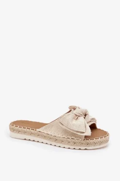 Discount Boto Klapki Damskie Na Platformie Z Plecionką I Kokardką Beżowe Alpireda Beżowy
