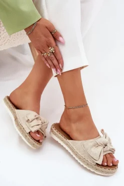 Discount Boto Klapki Damskie Na Platformie Z Plecionką I Kokardką Beżowe Alpireda Beżowy