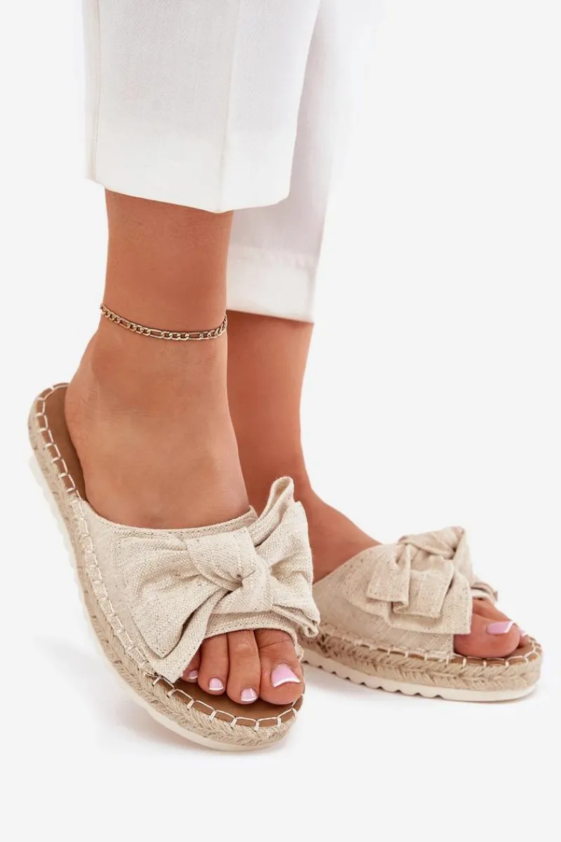 Discount Boto Klapki Damskie Na Platformie Z Plecionką I Kokardką Beżowe Alpireda Beżowy