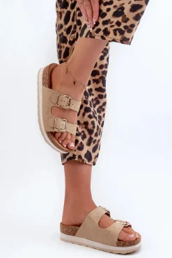 Best Evento Klapki Damskie Na Platformie Z Klamrami Eko Zamszowe Beżowe Ursila