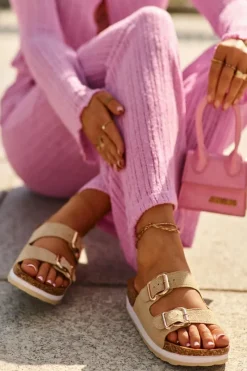 Best Evento Klapki Damskie Na Platformie Z Klamrami Eko Zamszowe Beżowe Ursila