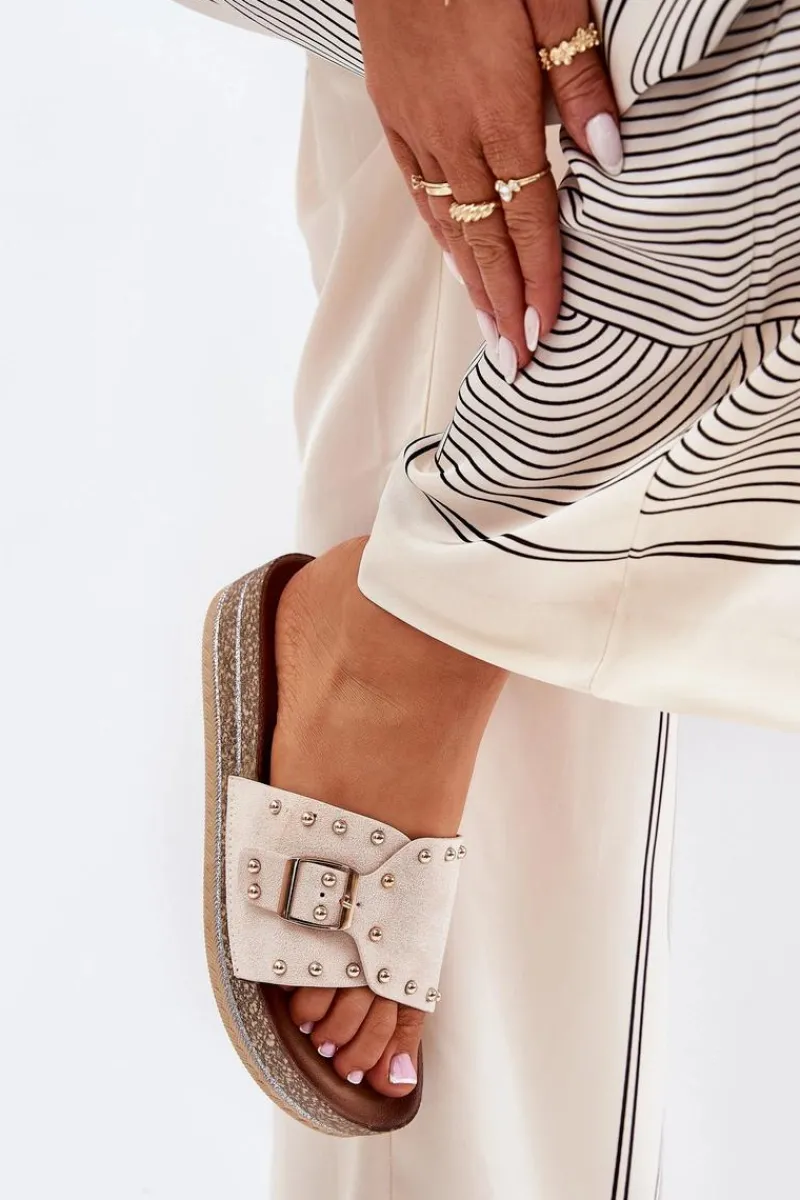 Online Boto Klapki Damskie Na Platformie Z Klamrą I Ćwiekami Beżowe Nusithia