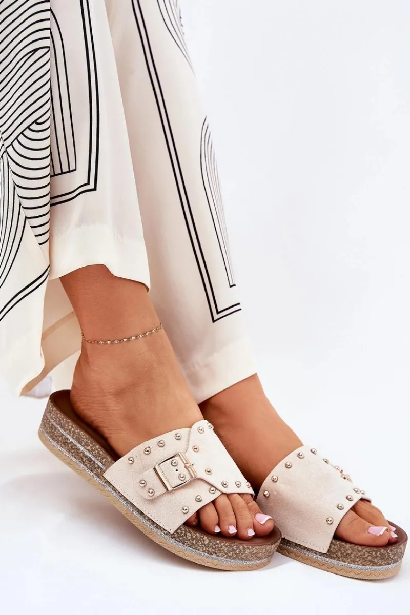 Online Boto Klapki Damskie Na Platformie Z Klamrą I Ćwiekami Beżowe Nusithia