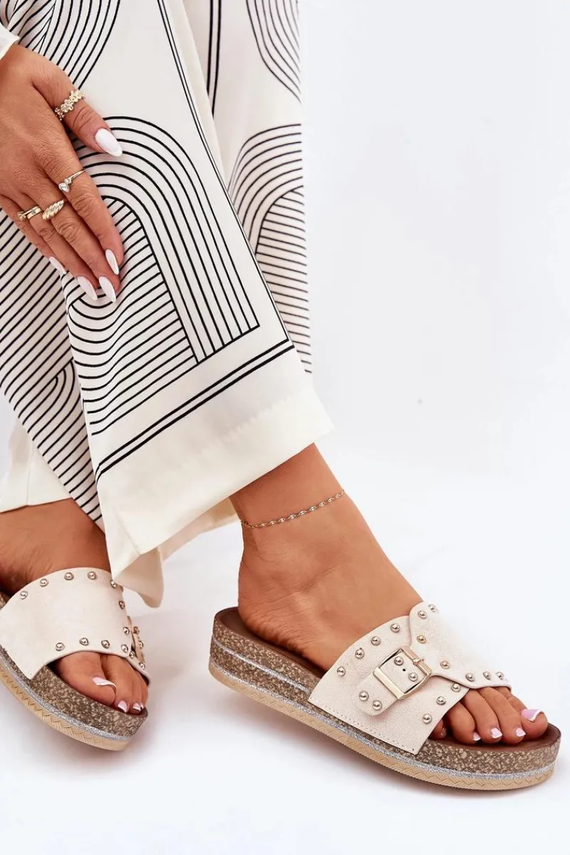 Online Boto Klapki Damskie Na Platformie Z Klamrą I Ćwiekami Beżowe Nusithia