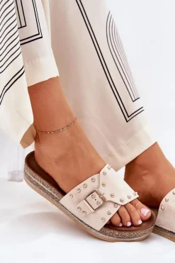 Online Boto Klapki Damskie Na Platformie Z Klamrą I Ćwiekami Beżowe Nusithia