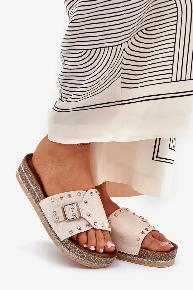 Online Boto Klapki Damskie Na Platformie Z Klamrą I Ćwiekami Beżowe Nusithia