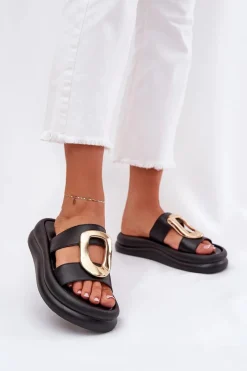 Hot Klapki Damskie Na Platformie Ze Złotym Detalem Czarne Ularinea Damskie Klapki Na Platformie|Klapki Damskie Klasyczne