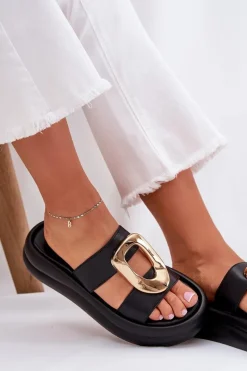 Hot Klapki Damskie Na Platformie Ze Złotym Detalem Czarne Ularinea Damskie Klapki Na Platformie|Klapki Damskie Klasyczne