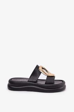 Hot Klapki Damskie Na Platformie Ze Złotym Detalem Czarne Ularinea Damskie Klapki Na Platformie|Klapki Damskie Klasyczne