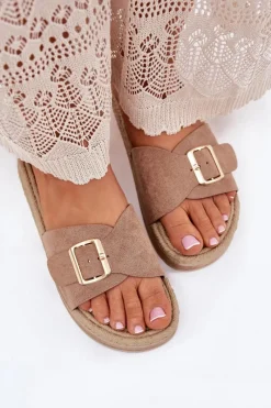 Clearance Klapki Damskie Na Platformie Ze Złotą Klamrą Ciemnobeżowe Selira Damskie Klapki Na Platformie|Klapki Damskie Klasyczne