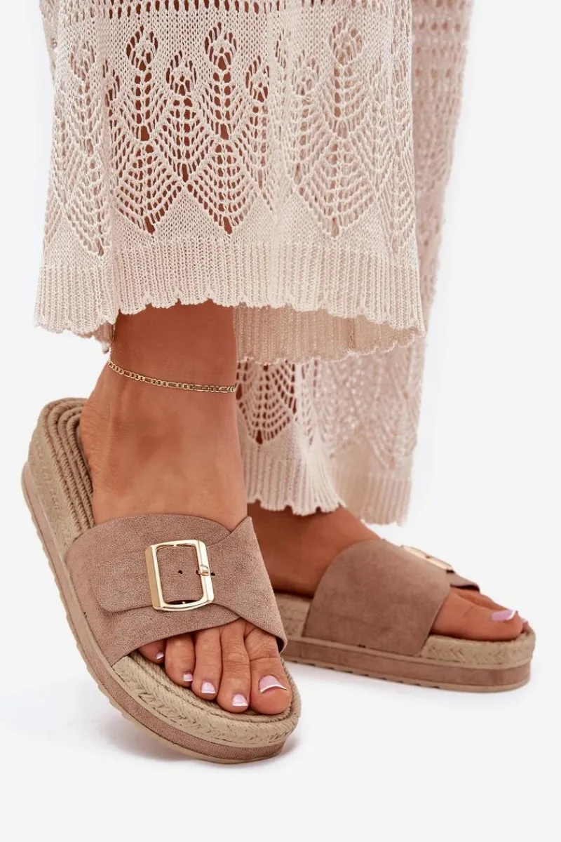 Clearance Klapki Damskie Na Platformie Ze Złotą Klamrą Ciemnobeżowe Selira Damskie Klapki Na Platformie|Klapki Damskie Klasyczne