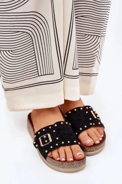 Hot Klapki Damskie Na Platformie Z Klamrą I Ćwiekami Czarne Nusithia Damskie Klapki Korkowe|Klapki Na Platformie