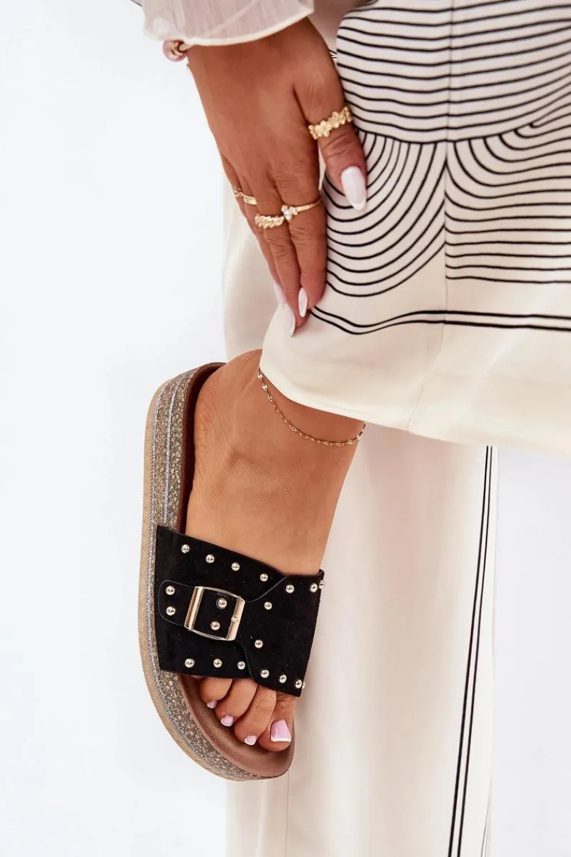 Hot Klapki Damskie Na Platformie Z Klamrą I Ćwiekami Czarne Nusithia Damskie Klapki Korkowe|Klapki Na Platformie