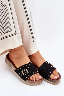 Hot Klapki Damskie Na Platformie Z Klamrą I Ćwiekami Czarne Nusithia Damskie Klapki Korkowe|Klapki Na Platformie