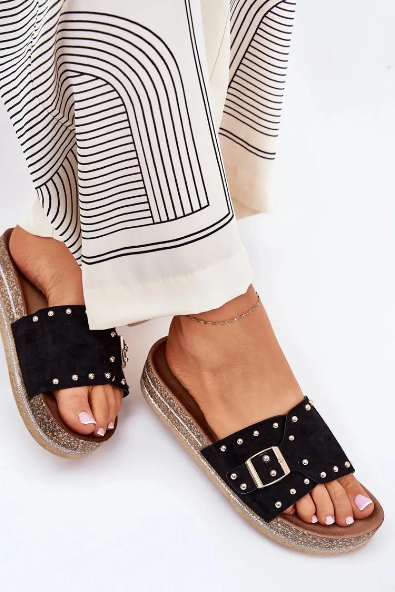 Hot Klapki Damskie Na Platformie Z Klamrą I Ćwiekami Czarne Nusithia Damskie Klapki Korkowe|Klapki Na Platformie