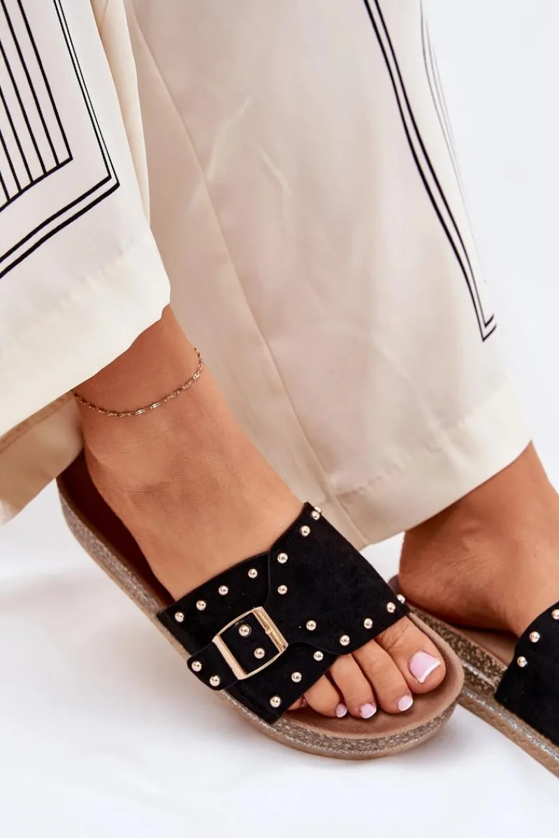 Hot Klapki Damskie Na Platformie Z Klamrą I Ćwiekami Czarne Nusithia Damskie Klapki Korkowe|Klapki Na Platformie