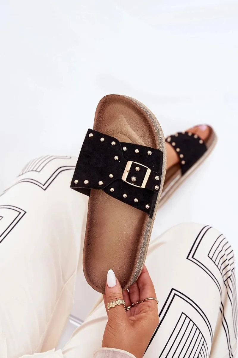 Hot Klapki Damskie Na Platformie Z Klamrą I Ćwiekami Czarne Nusithia Damskie Klapki Korkowe|Klapki Na Platformie