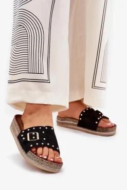 Hot Klapki Damskie Na Platformie Z Klamrą I Ćwiekami Czarne Nusithia Damskie Klapki Korkowe|Klapki Na Platformie