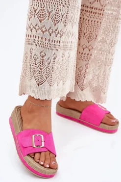 New Boto Klapki Damskie Na Platformie Ze Złotą Klamrą Fuksja Selira