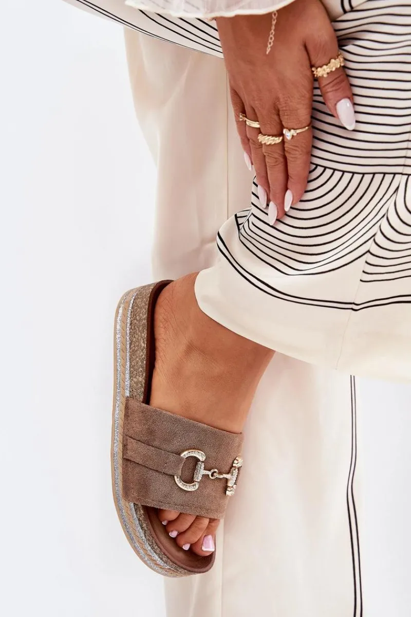 Online Boto Klapki Damskie Na Platformie Ze Złotą Ozdobą I Brokatem Khaki Morisela Beżowy