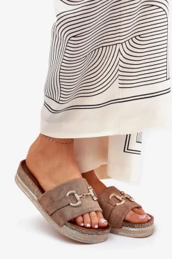 Online Boto Klapki Damskie Na Platformie Ze Złotą Ozdobą I Brokatem Khaki Morisela Beżowy