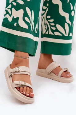 Discount Klapki Damskie Na Platformie Ze Złotymi Klamrami Beżowe Wernone Damskie Klapki Na Platformie|Klapki Damskie Klasyczne