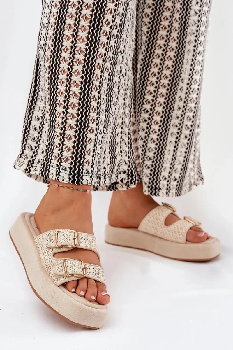 Klapki Na Platformie|Klapki Damskie Klasyczne>Boto Klapki Damskie Na Platformie Z Klamrami I Plecionką Beżowe Limme