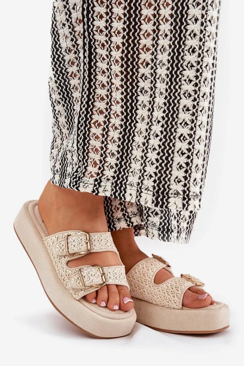 Klapki Na Platformie|Klapki Damskie Klasyczne>Boto Klapki Damskie Na Platformie Z Klamrami I Plecionką Beżowe Limme
